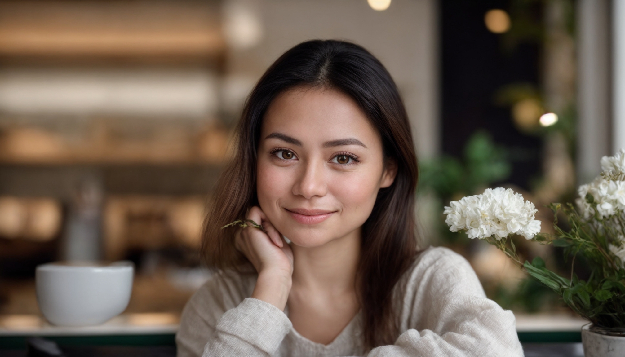 A barista at a marble cafe counter with an espresso cup in a warm bistrot interior with natural light