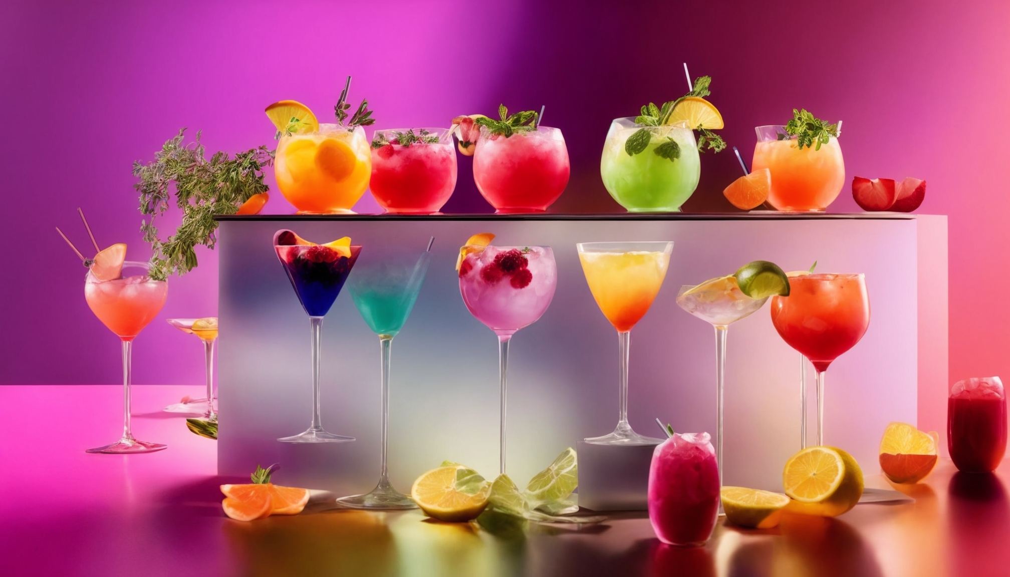 Colorful cocktails and mocktails beautifully arranged on a modern bar counter with fresh fruit garnishes