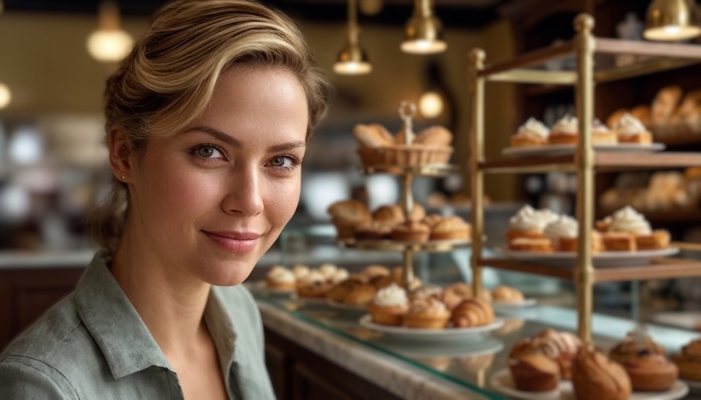 Woman admiring beautifully presented desserts at an aesthetic cafe counter