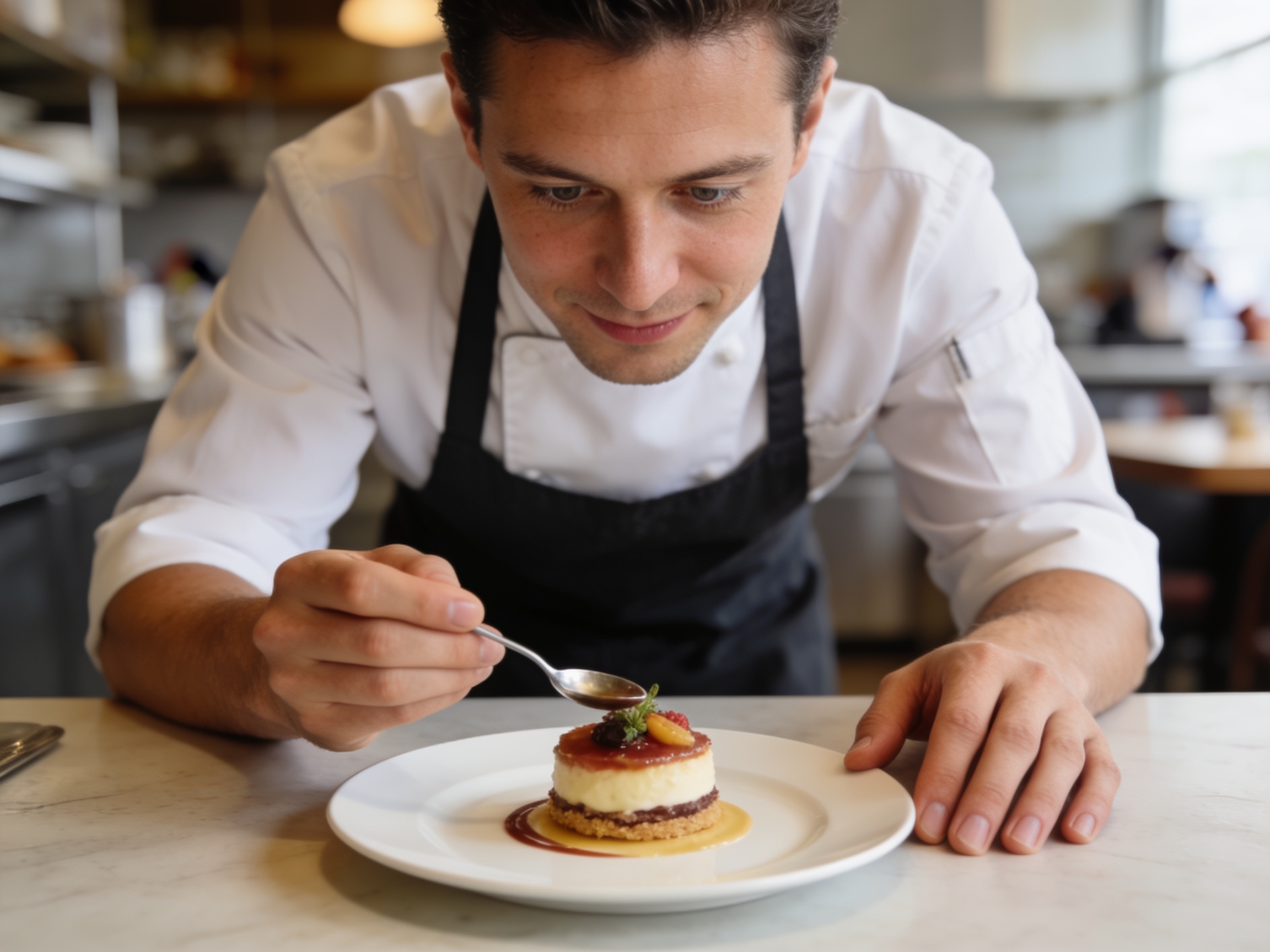 A candid shot of hands testing a delicate dessert in a modern cafe setting.