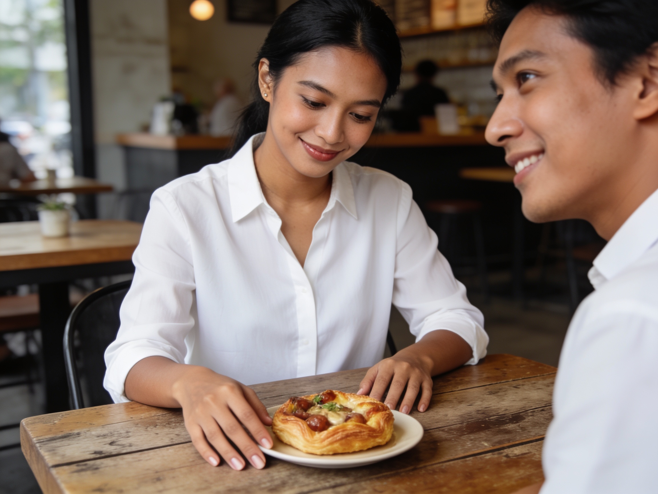 Indonesian woman examining a savory pastry dish on a wooden table for best savory cafe menu options.