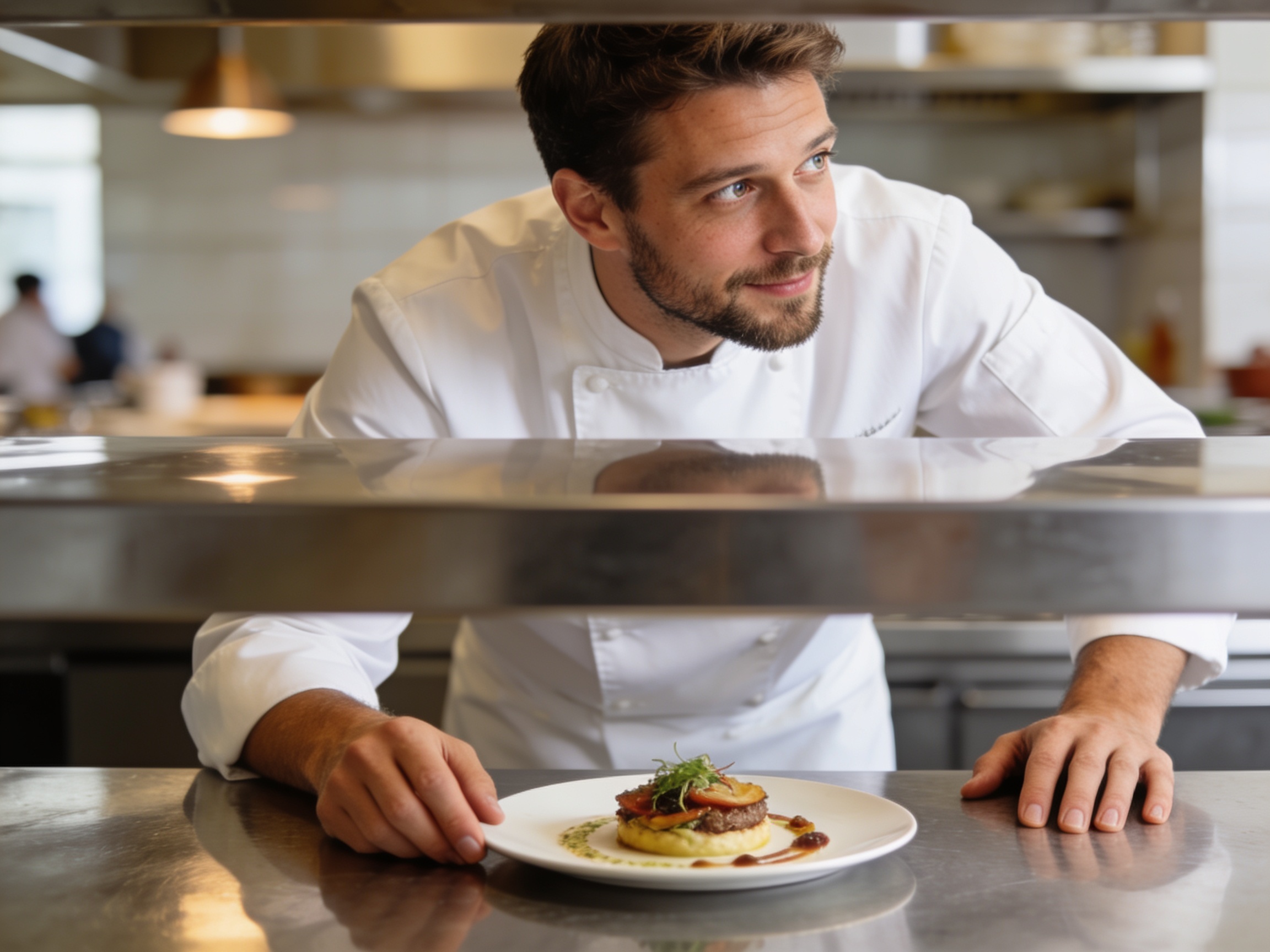 European chef examining plated dish to improve cafe culinary quality