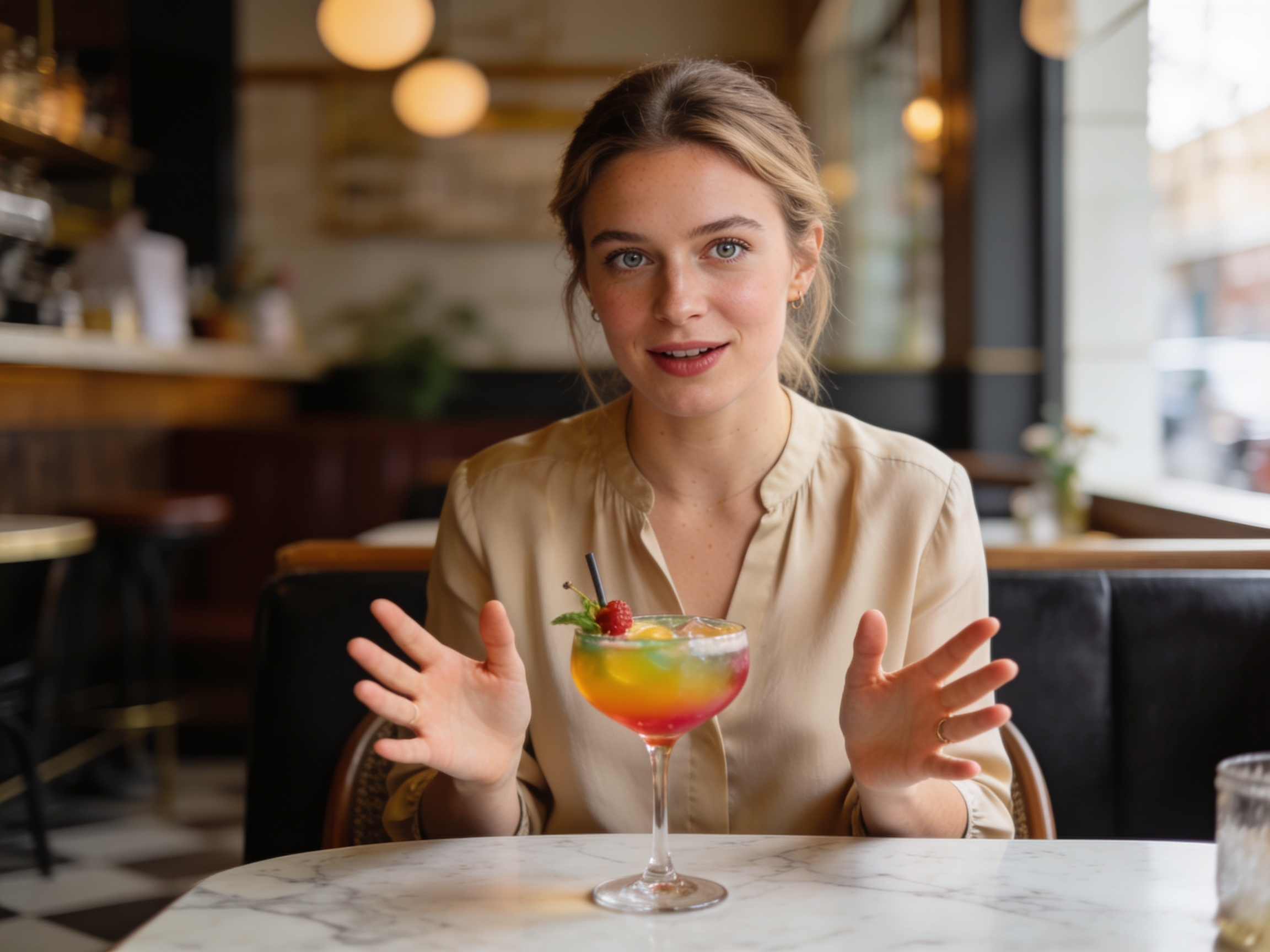 European woman examining a colorful craft cocktail in a bistrot for best modern cocktail recipes