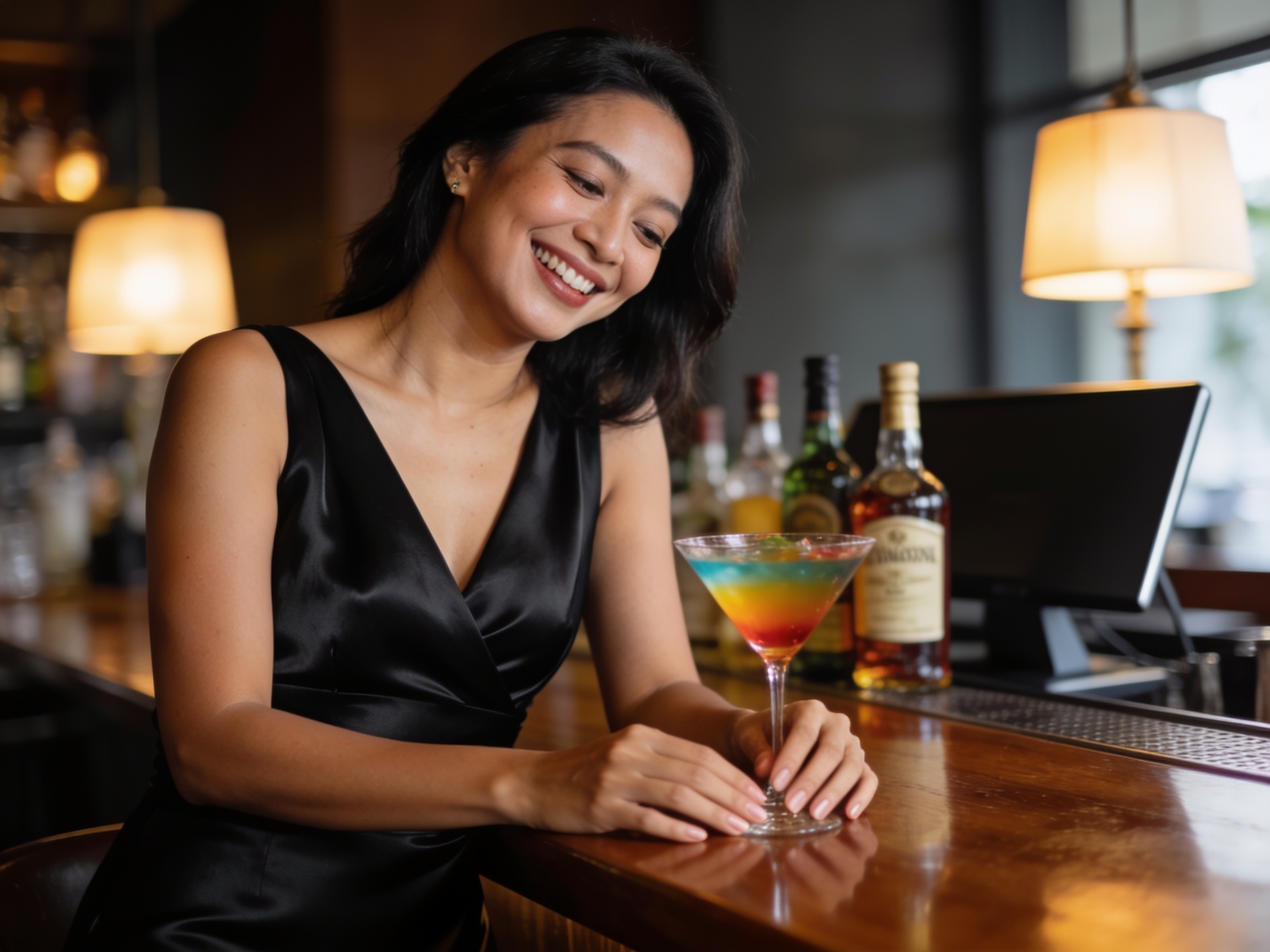 Indonesian woman examining a drink at best signature cocktail places.