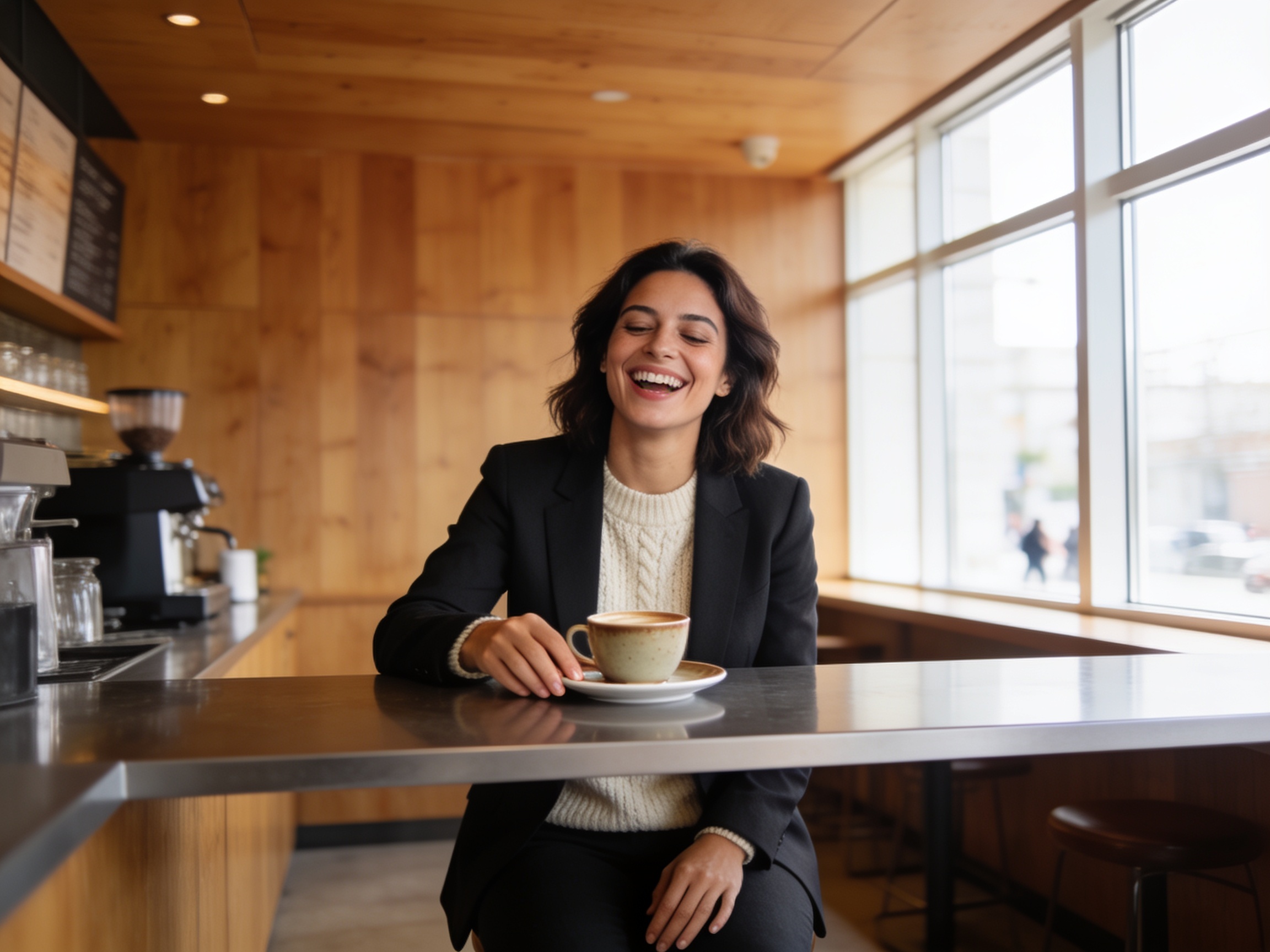European woman examining specialty coffee cup at bistro counter for best specialty coffee experience