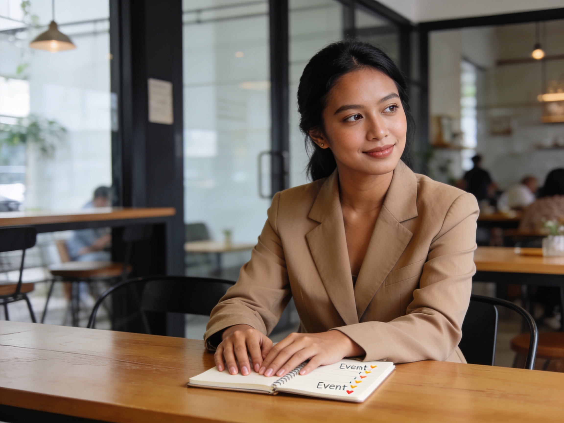 Indonesian woman organizing notes for community meetups in a modern cafe